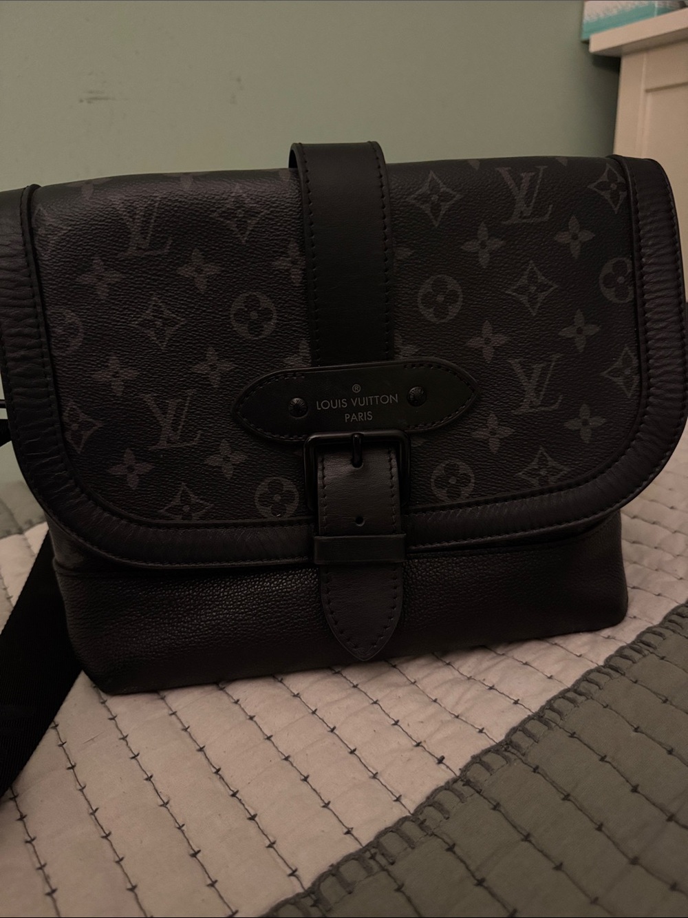 Louis Vuitton Black Monogram Messenger Bag with Dark Gray Accents